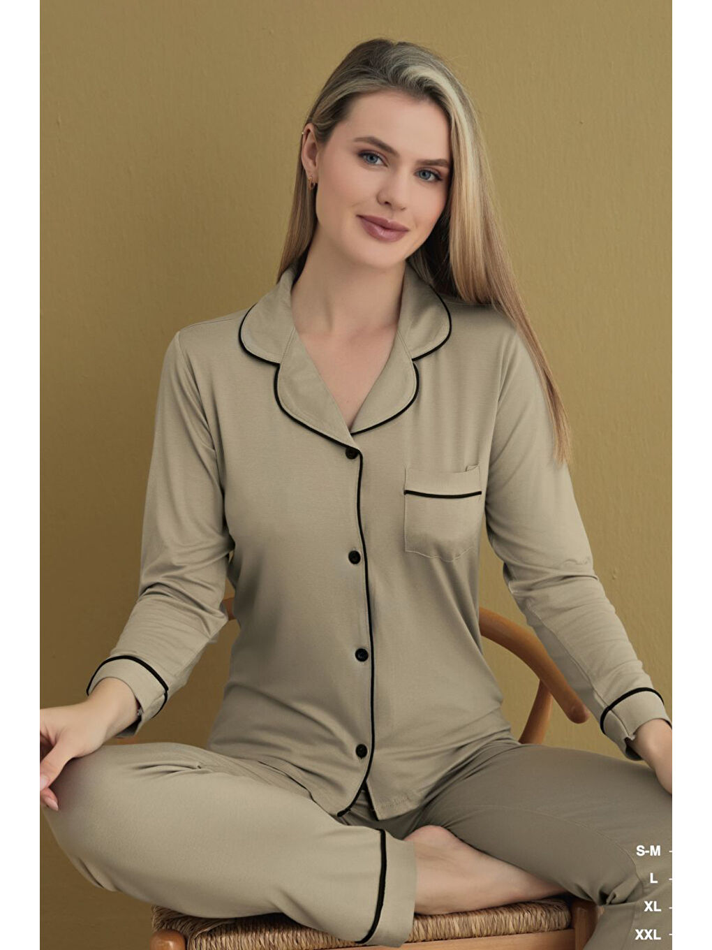 Bej Kadın Pamuklu Pijama Takımı 52029 Taş