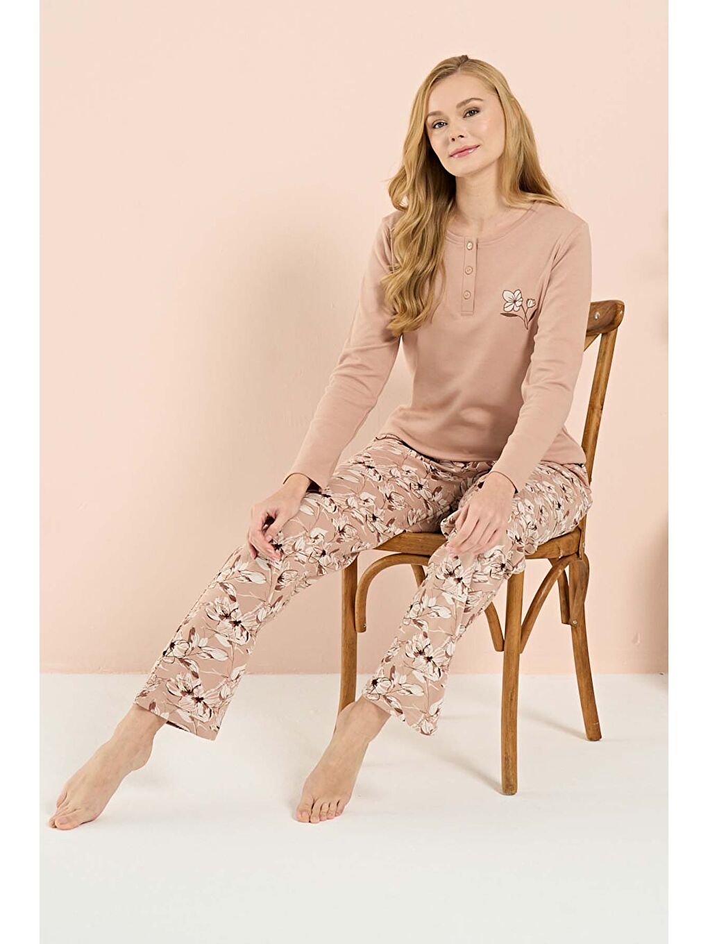 Pembe Büyük Beden Kadın Penye Uzun Kol Pijama Takımı 3204 Somon-1