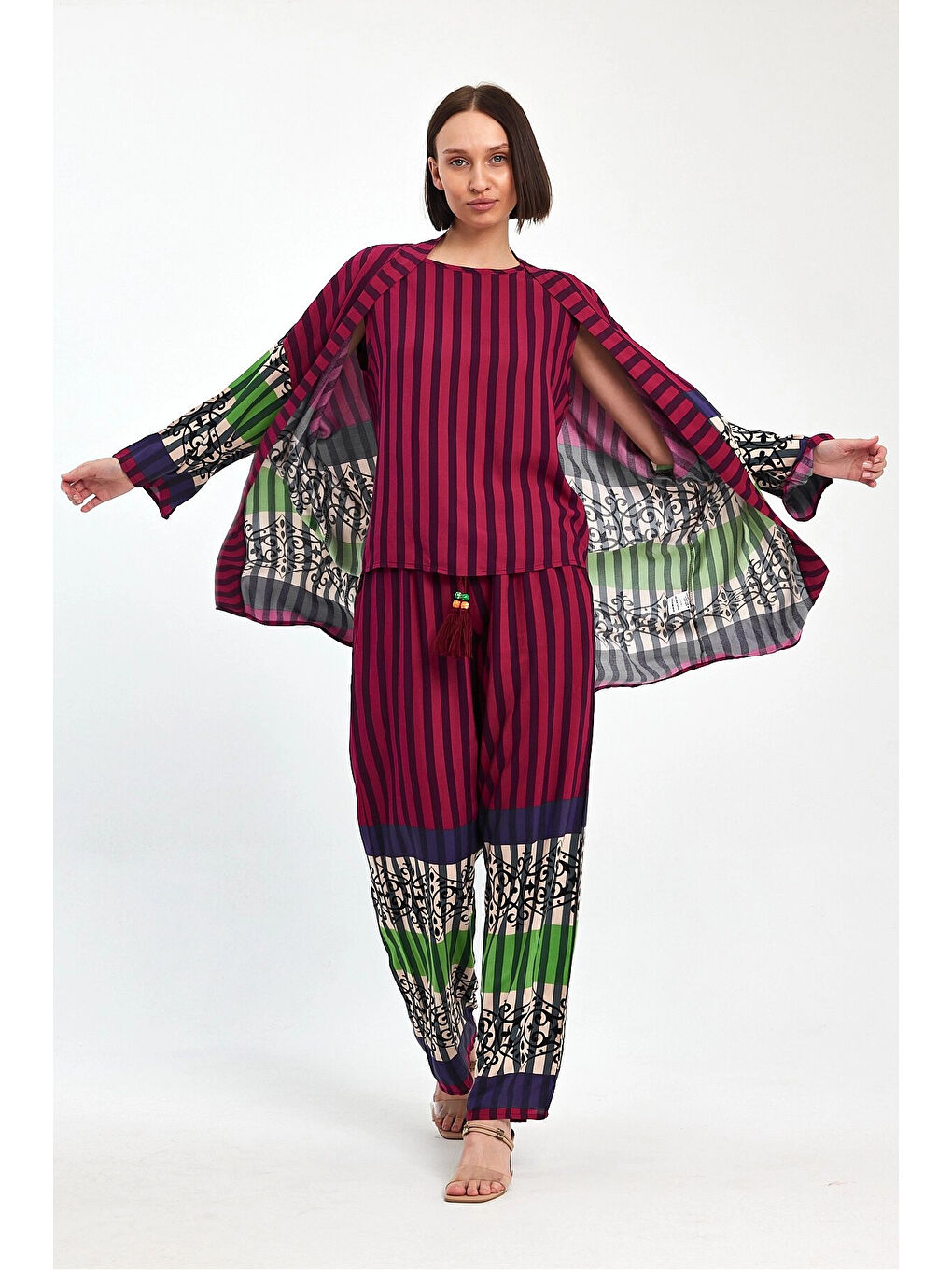 Kadın Mürdüm Çizgili Atlet Kimono Ve Pantolon Dokuma Viscon Alt Üst Takım HZL25S-VM110421-2