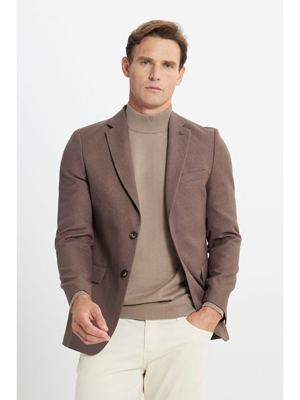 Erkek Kahverengi Slim Fit Dar Kesim Mono Yaka Diagonal Desenli Kapak Cepli Blazer Ceket