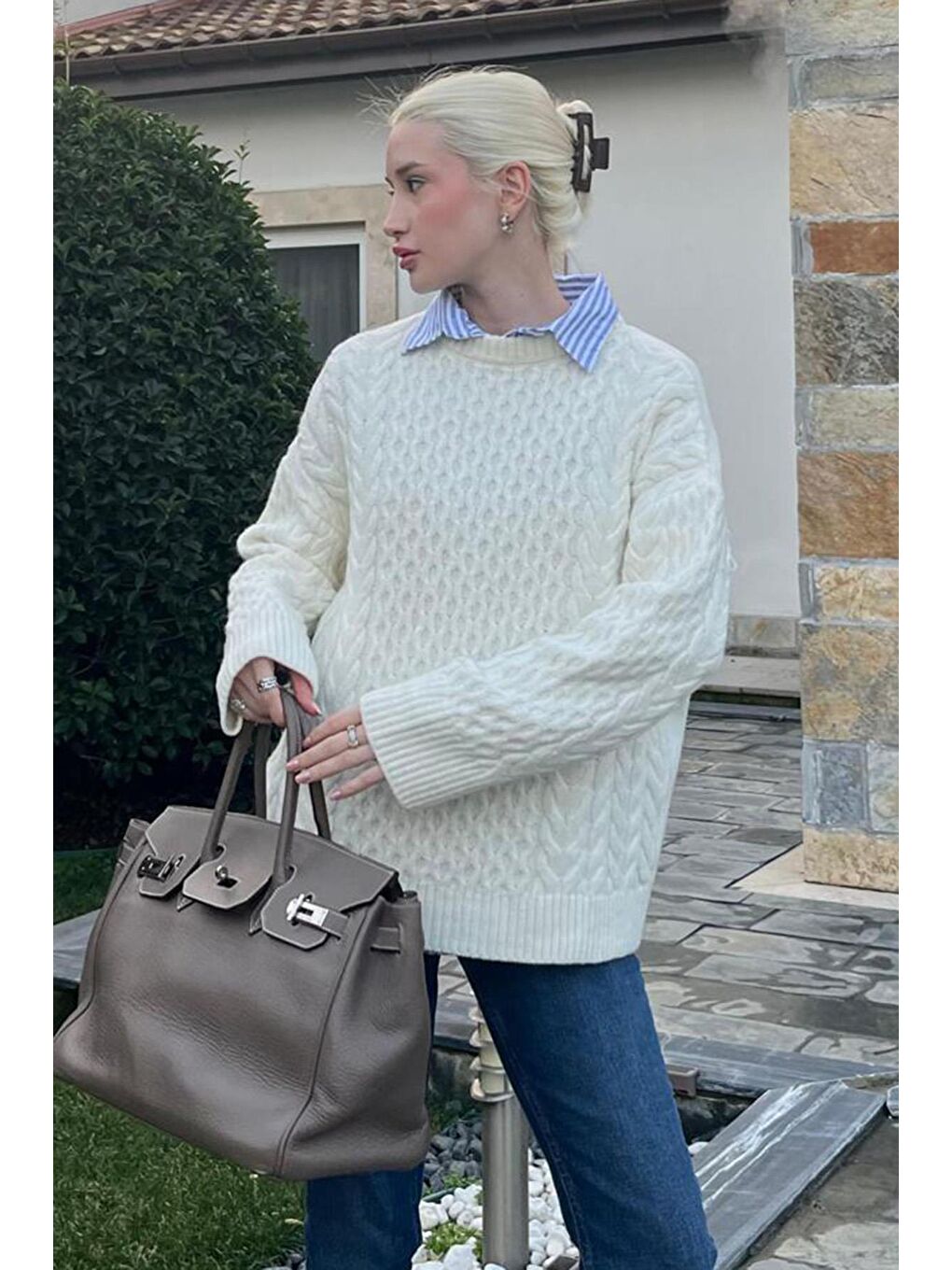 Ekru Bisiklet Yaka Oversize Triko Kazak Mg1969-1