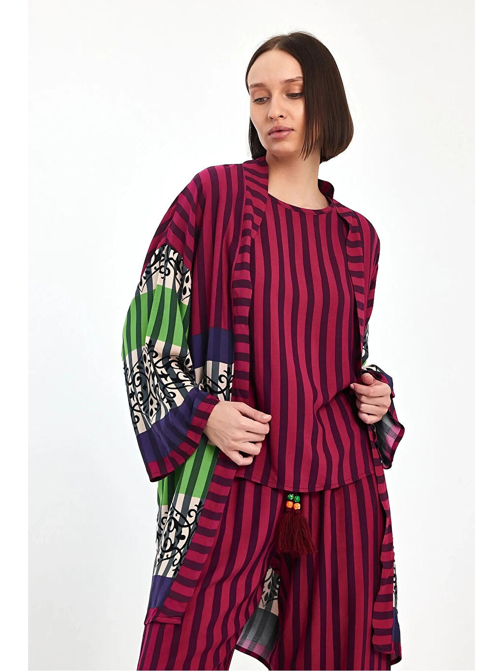Kadın Mürdüm Çizgili Atlet Kimono Ve Pantolon Dokuma Viscon Alt Üst Takım HZL25S-VM110421-3