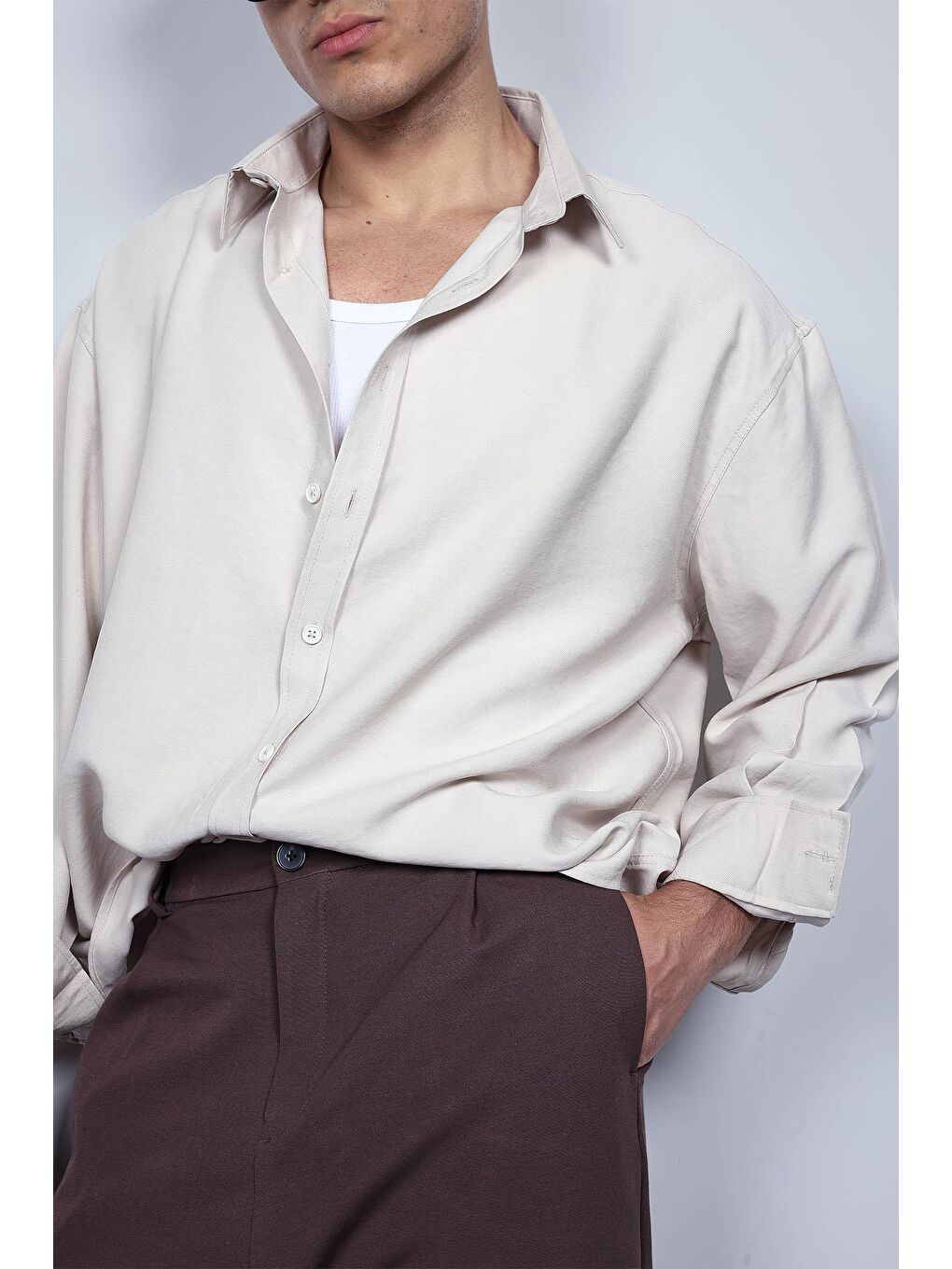 Erkek Oversize Uzun Kollu Basic Gömlek Bej-1