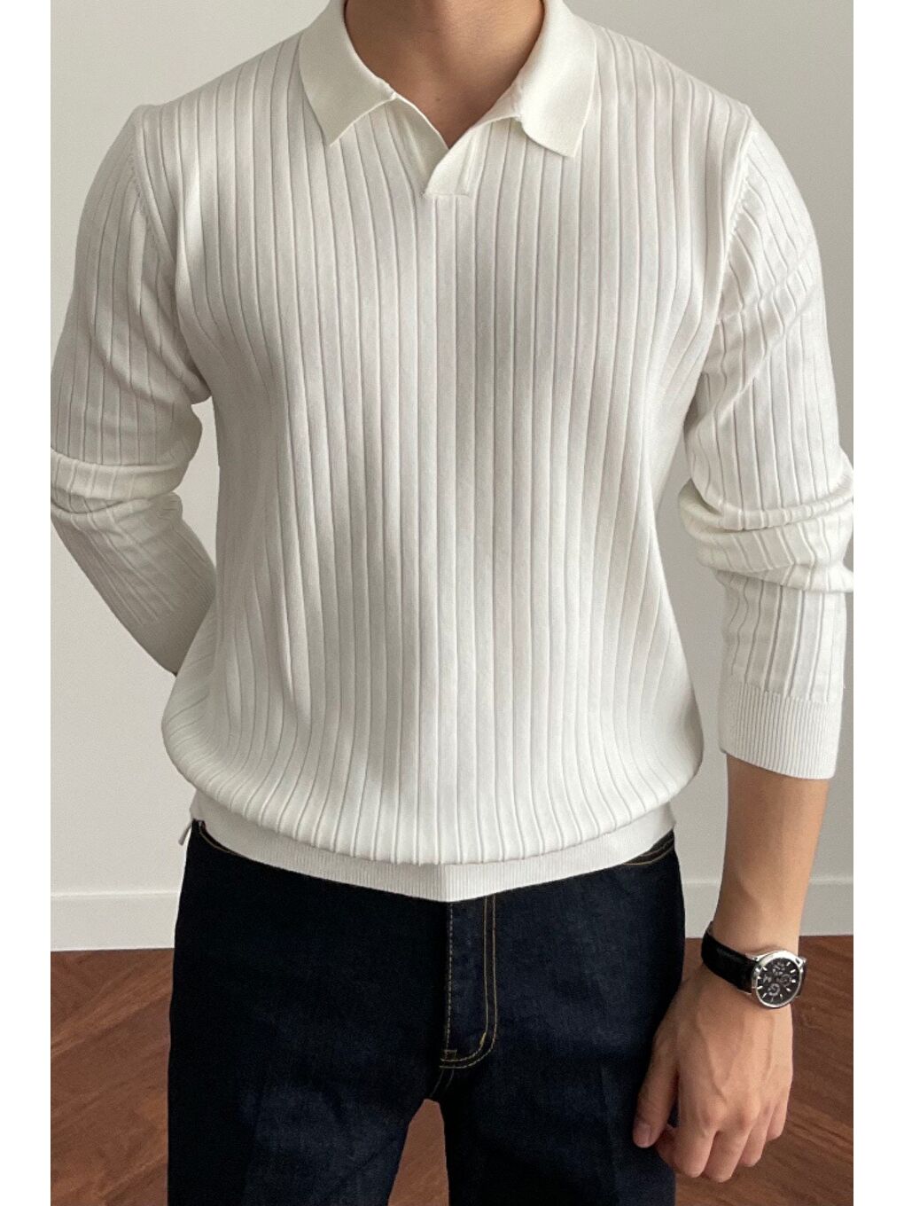 Beyaz Erkek Polo Yaka Triko Kazak Slim Fit Fitilli-2