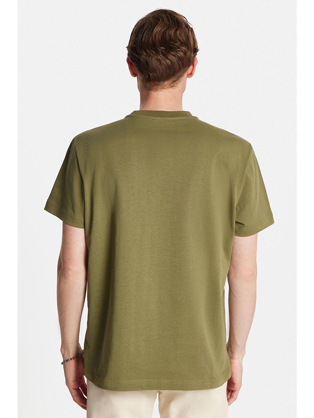 Relax Fit Rahat Kesim %100 Pamuk Ön Nakış Detaylı Bisiklet Yaka Yeşil Erkek Tişört-4