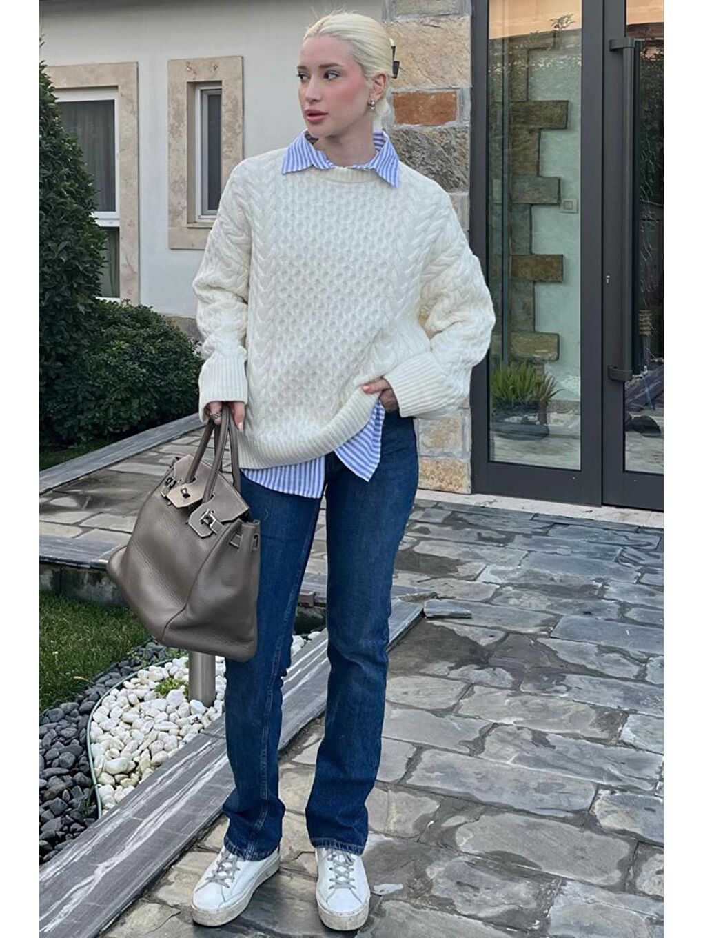 Ekru Bisiklet Yaka Oversize Triko Kazak Mg1969-3