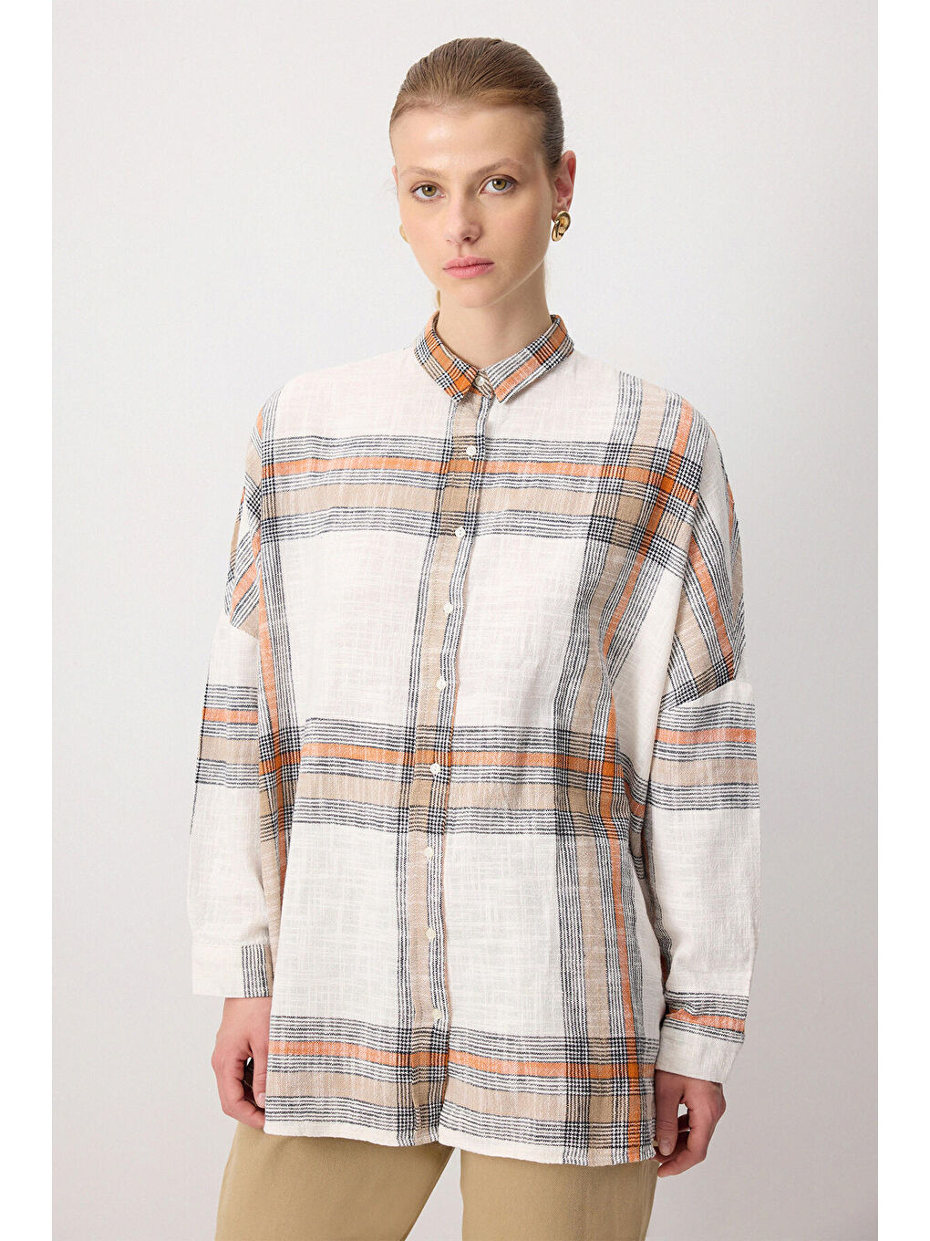 Turuncu %100 Pamuklu Ekoseli Oversıze Gömlek-1