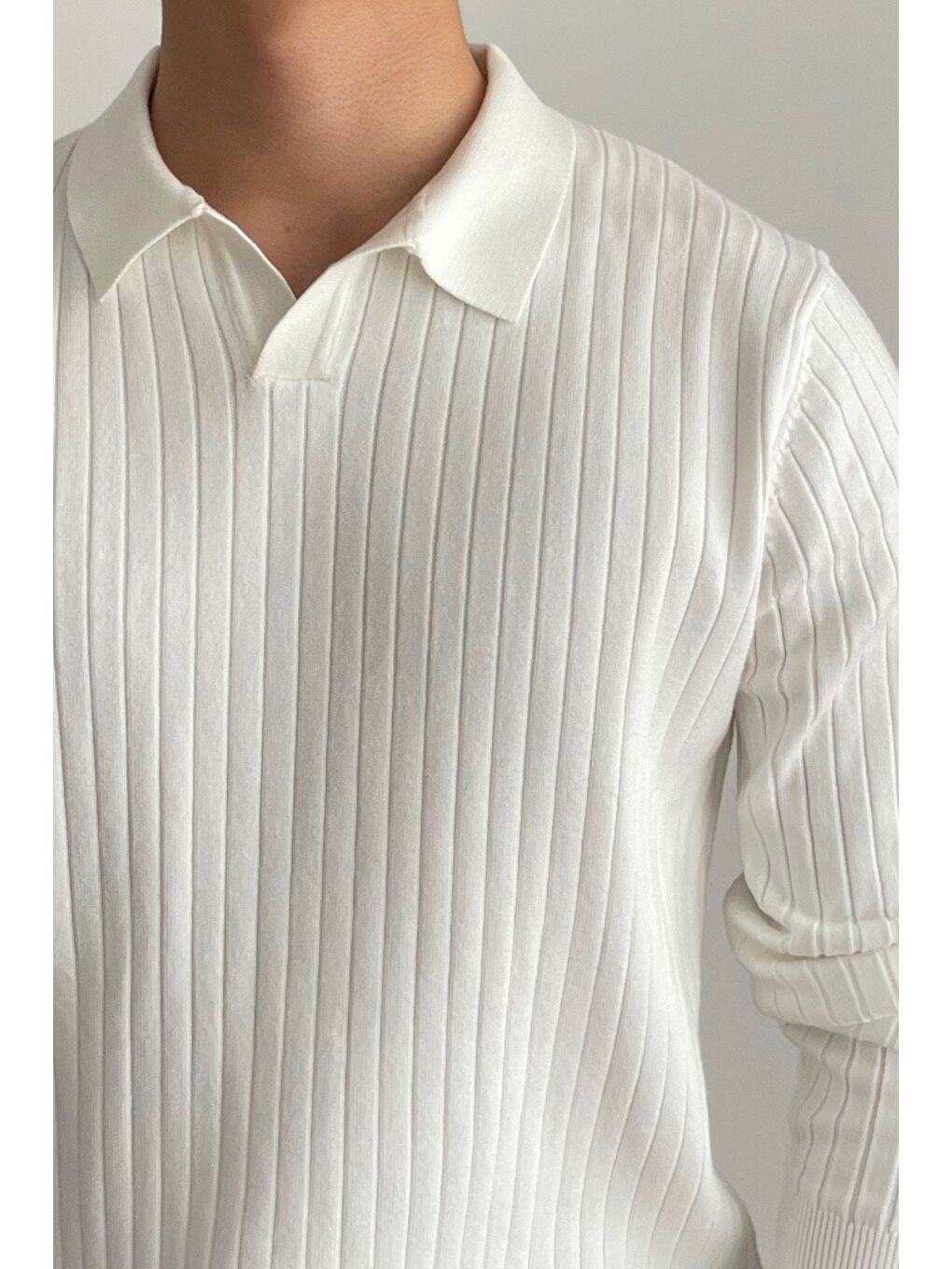Beyaz Erkek Polo Yaka Triko Kazak Slim Fit Fitilli-3
