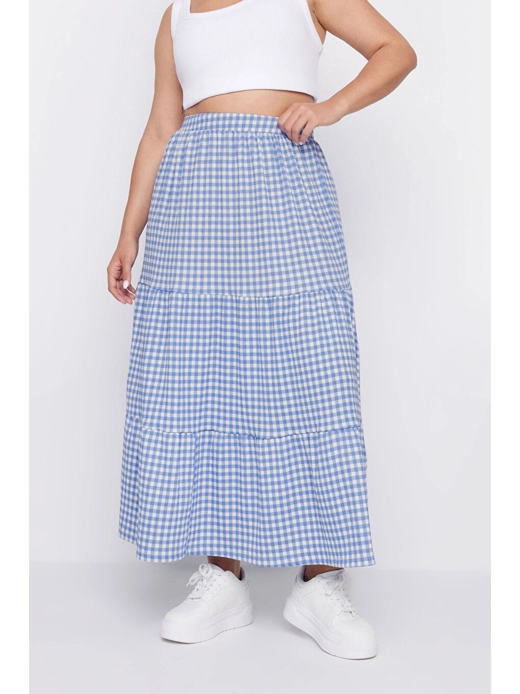 Yeşil Büyük Beden Beli Lastikli Desenli Kat Kat Uzun Etek 160319-1