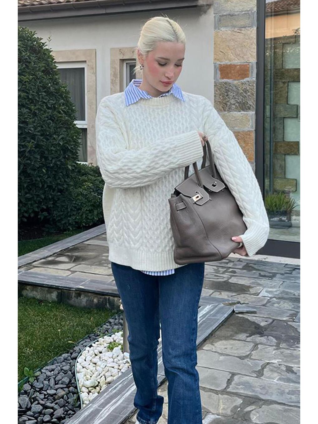 Ekru Bisiklet Yaka Oversize Triko Kazak Mg1969-4