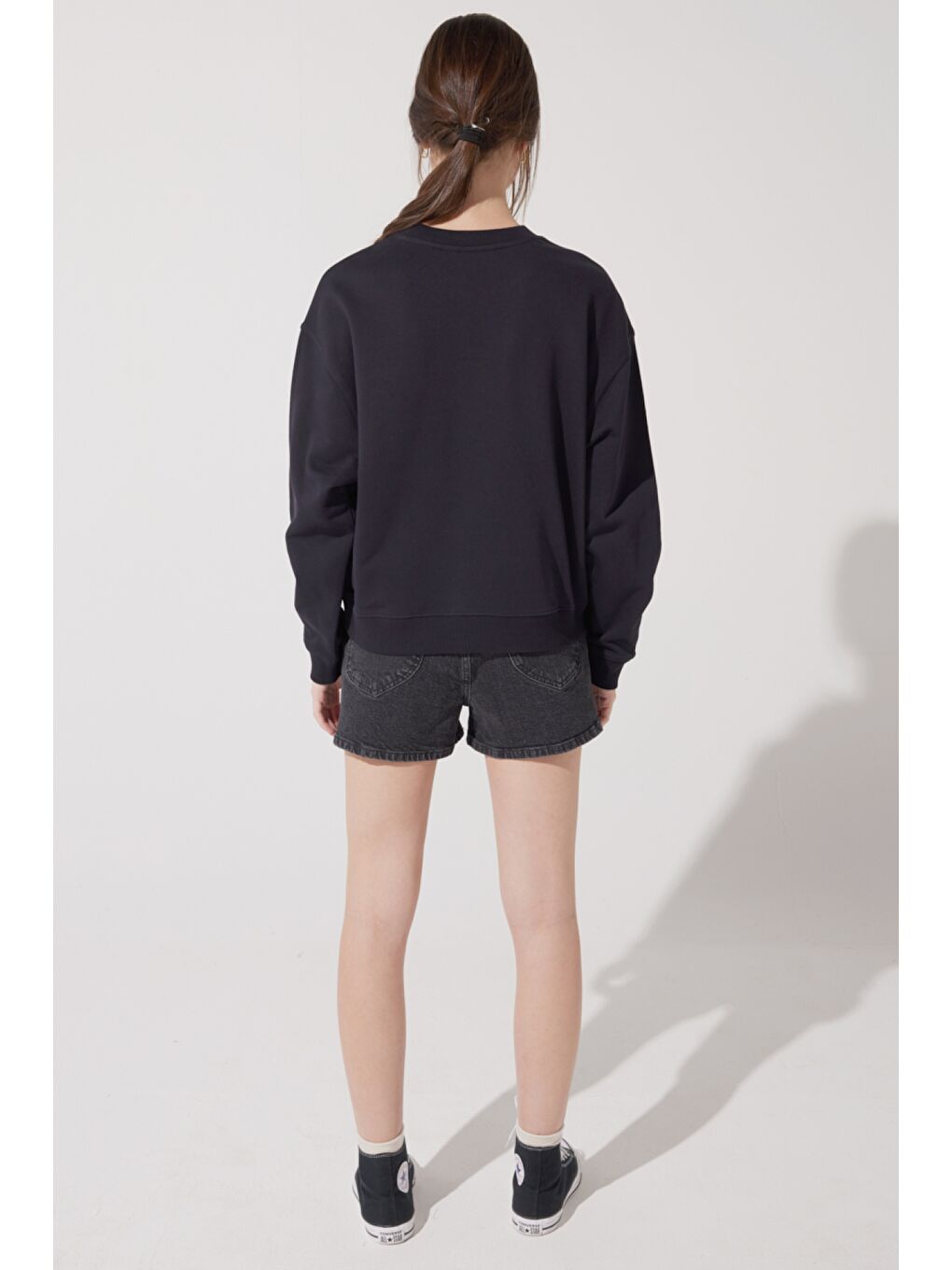 Siyah Loose Fit Rahat Kesim %100 Pamuk Bisiklet Yaka Sweatshirt-6