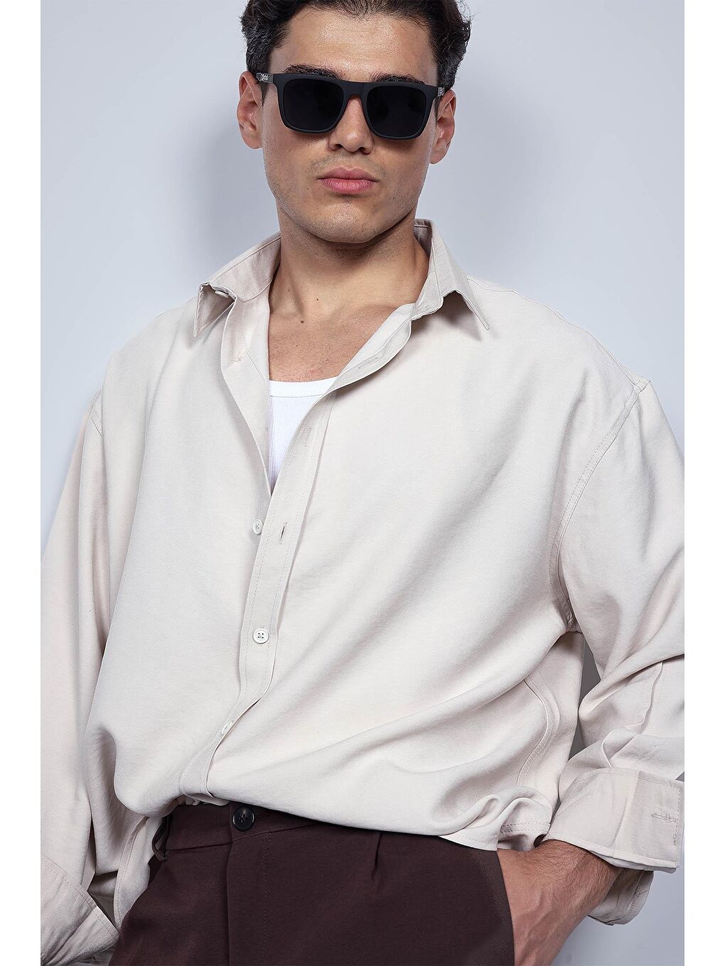 Erkek Oversize Uzun Kollu Basic Gömlek Bej-2