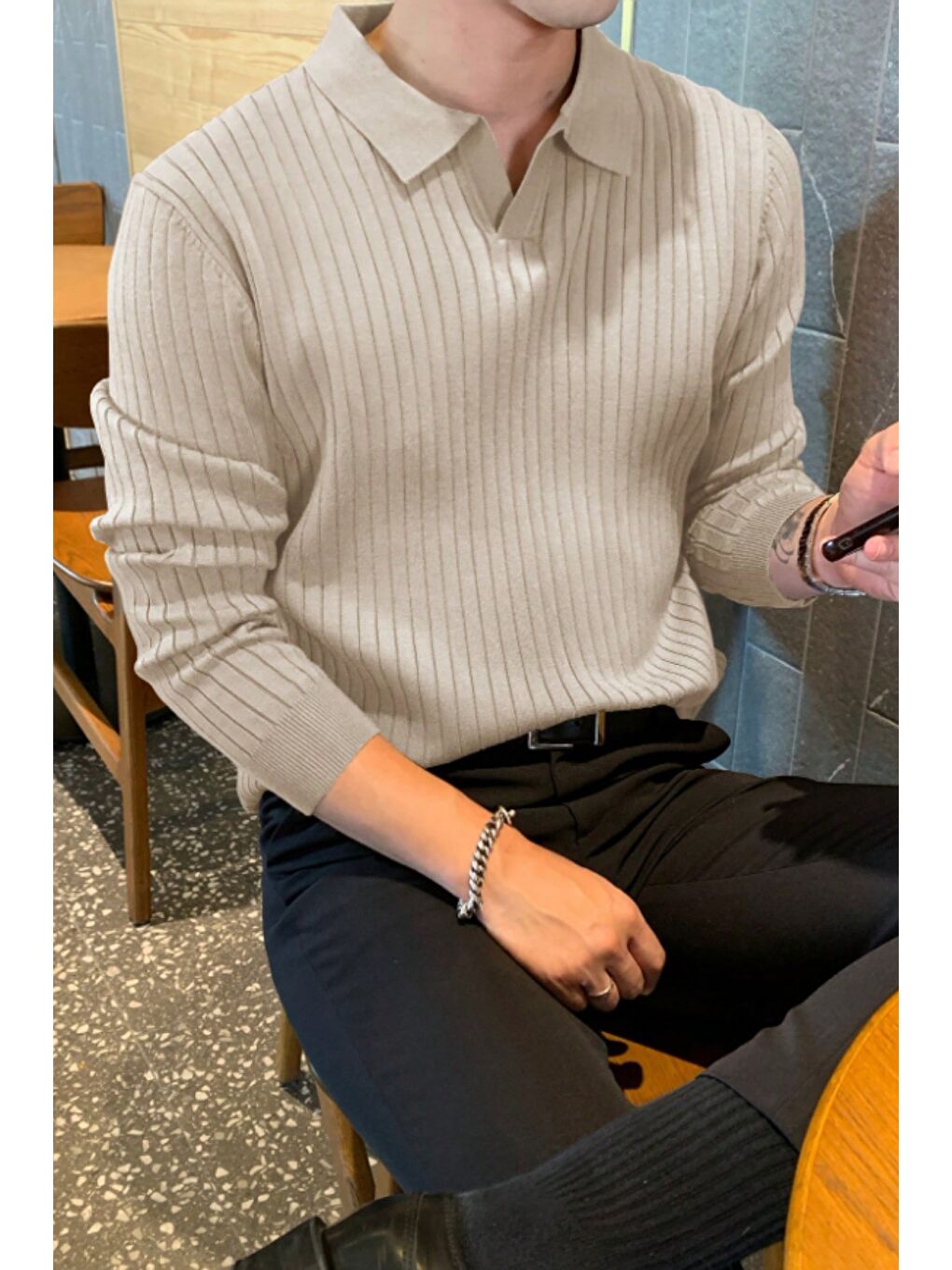 Bej Erkek Polo Yaka Triko Kazak Slim Fit Fitilli-3