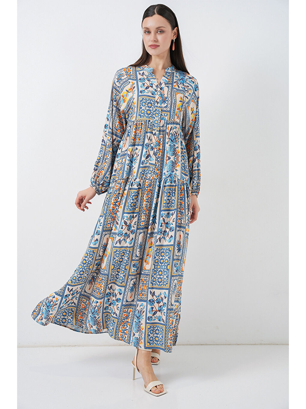 Sarı Kadın Desenli Uzun Tesettür Elbise 2585 - E. Mavi-2