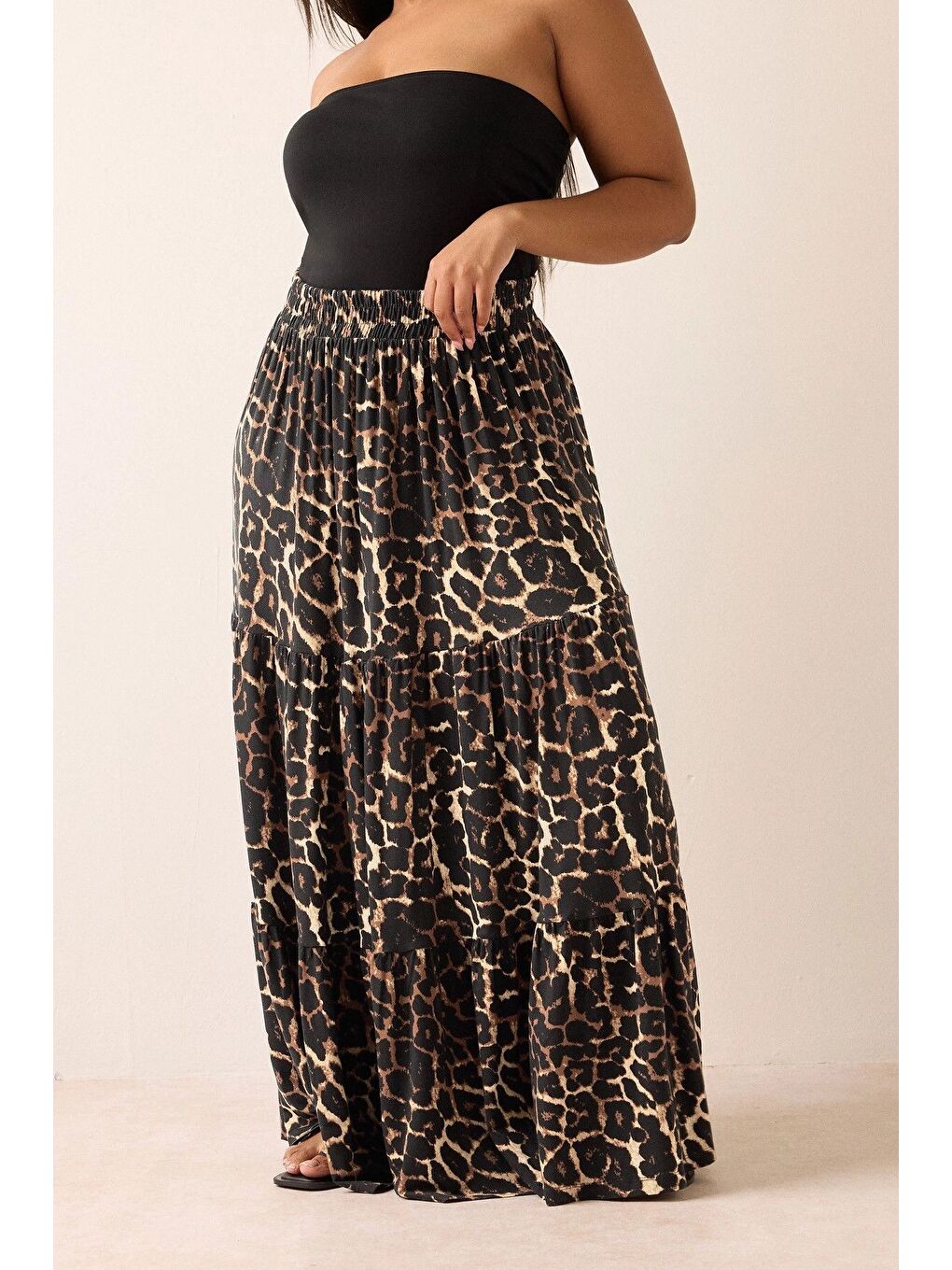 Kahverengi Büyük Beden Bürümcük Kumaş Leopar Desenli Beli Lastikli Etek 304237-1