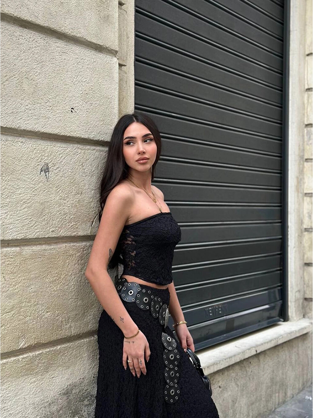 Kadın Siyah Astarlı Dantel Straplez Bluz HZL25S-ZK11251-2