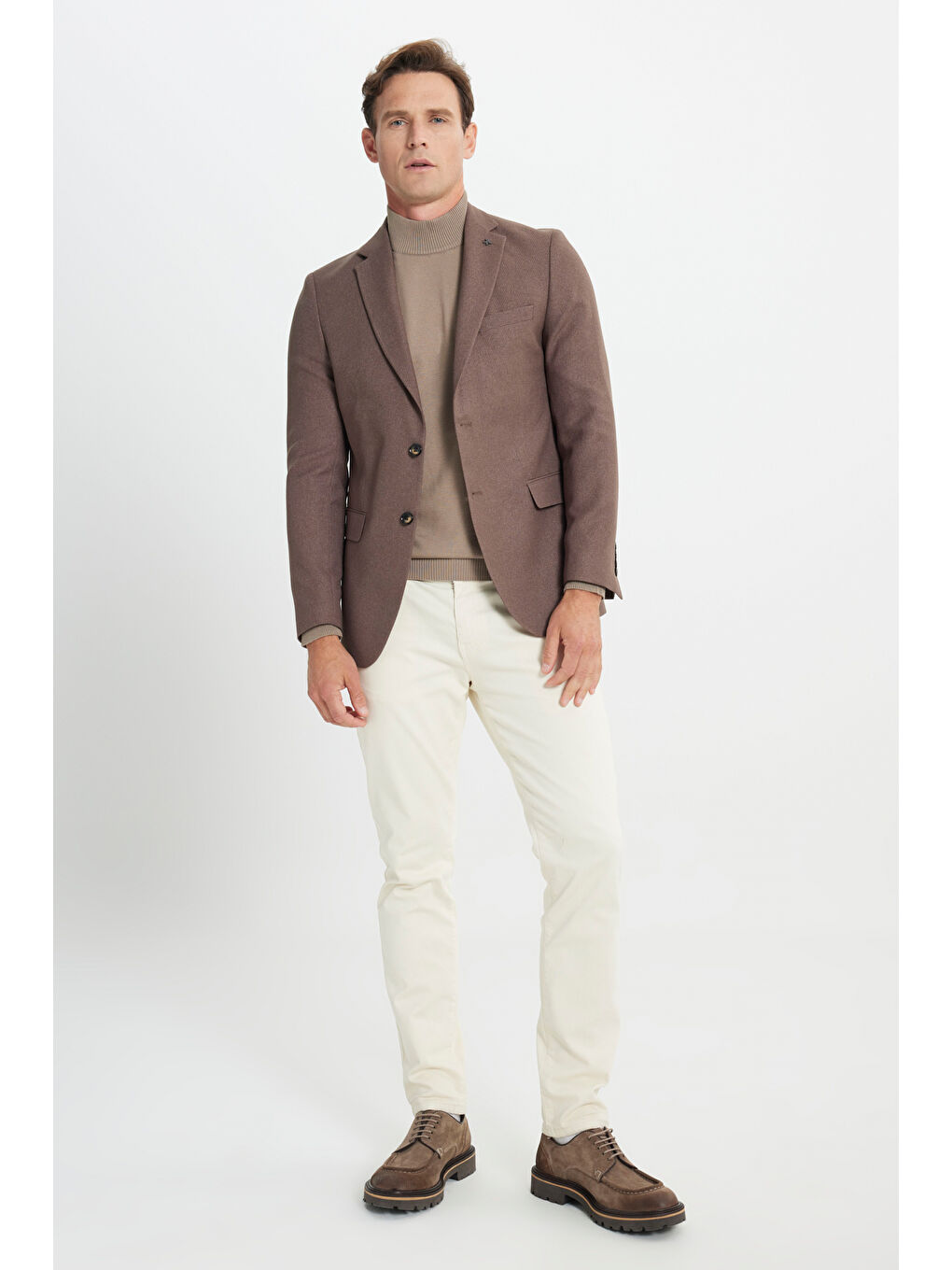 Erkek Kahverengi Slim Fit Dar Kesim Mono Yaka Diagonal Desenli Kapak Cepli Blazer Ceket-1