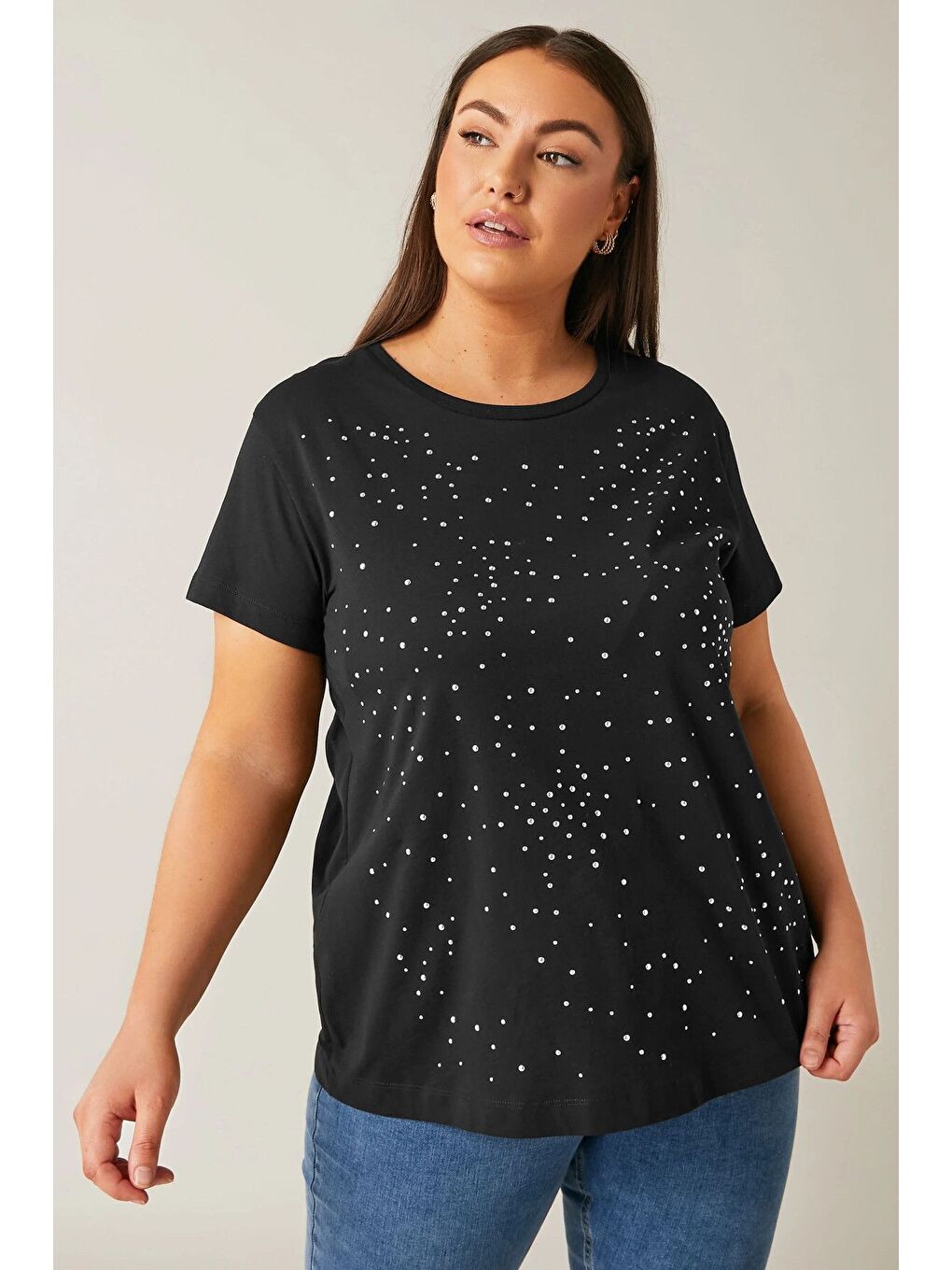 Siyah Büyük Beden Bisiklet Yaka Kısa Kollu Taş Yapıştırma Basic T-shirt 615350