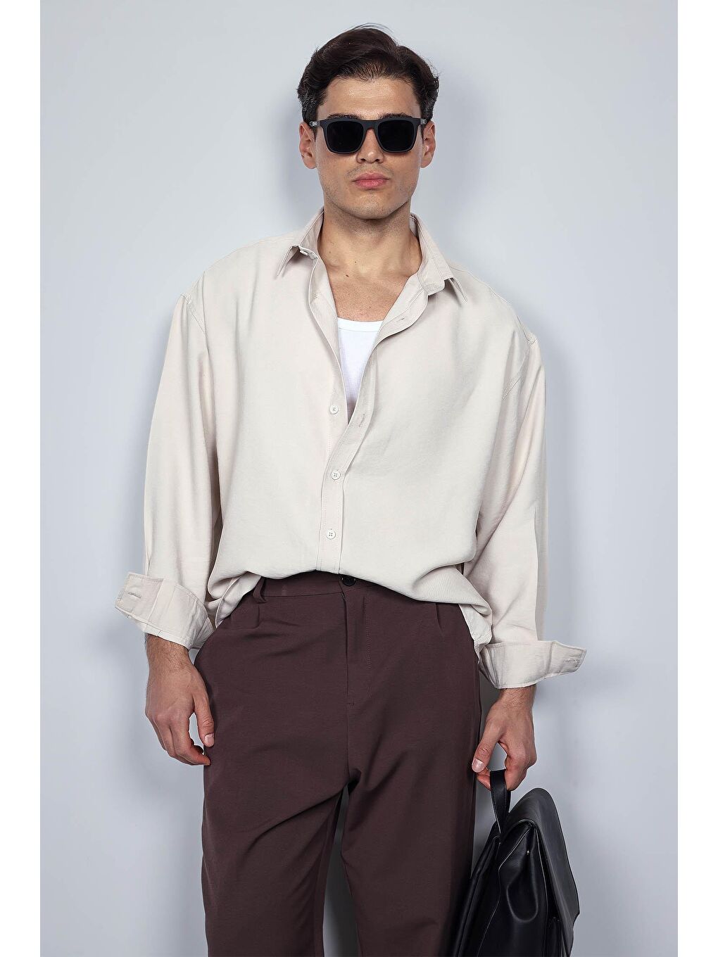 Erkek Oversize Uzun Kollu Basic Gömlek Bej-3