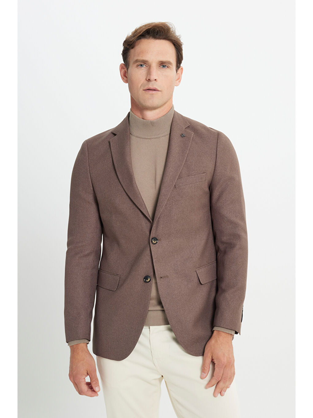 Erkek Kahverengi Slim Fit Dar Kesim Mono Yaka Diagonal Desenli Kapak Cepli Blazer Ceket-2