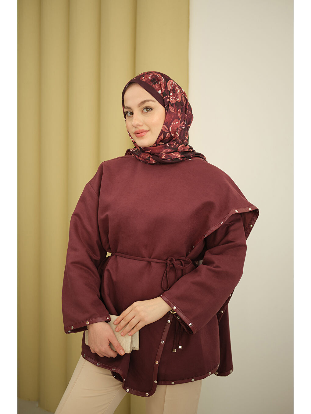 Kadın Dikişleri Deri Detay Ceket Mürdüm-3