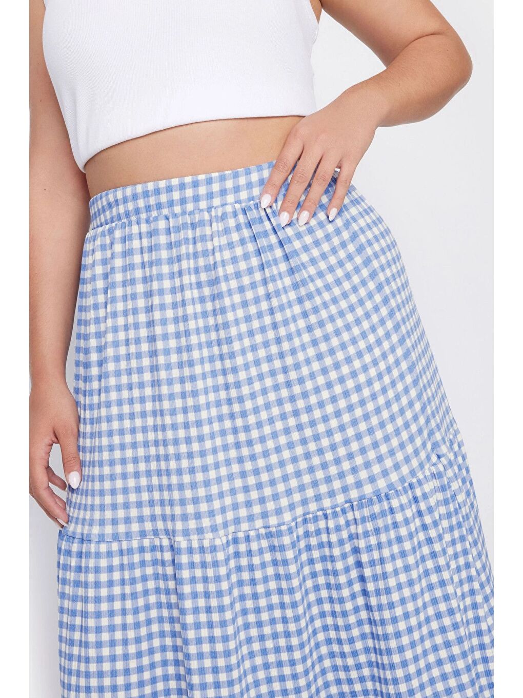 Yeşil Büyük Beden Beli Lastikli Desenli Kat Kat Uzun Etek 160319-3