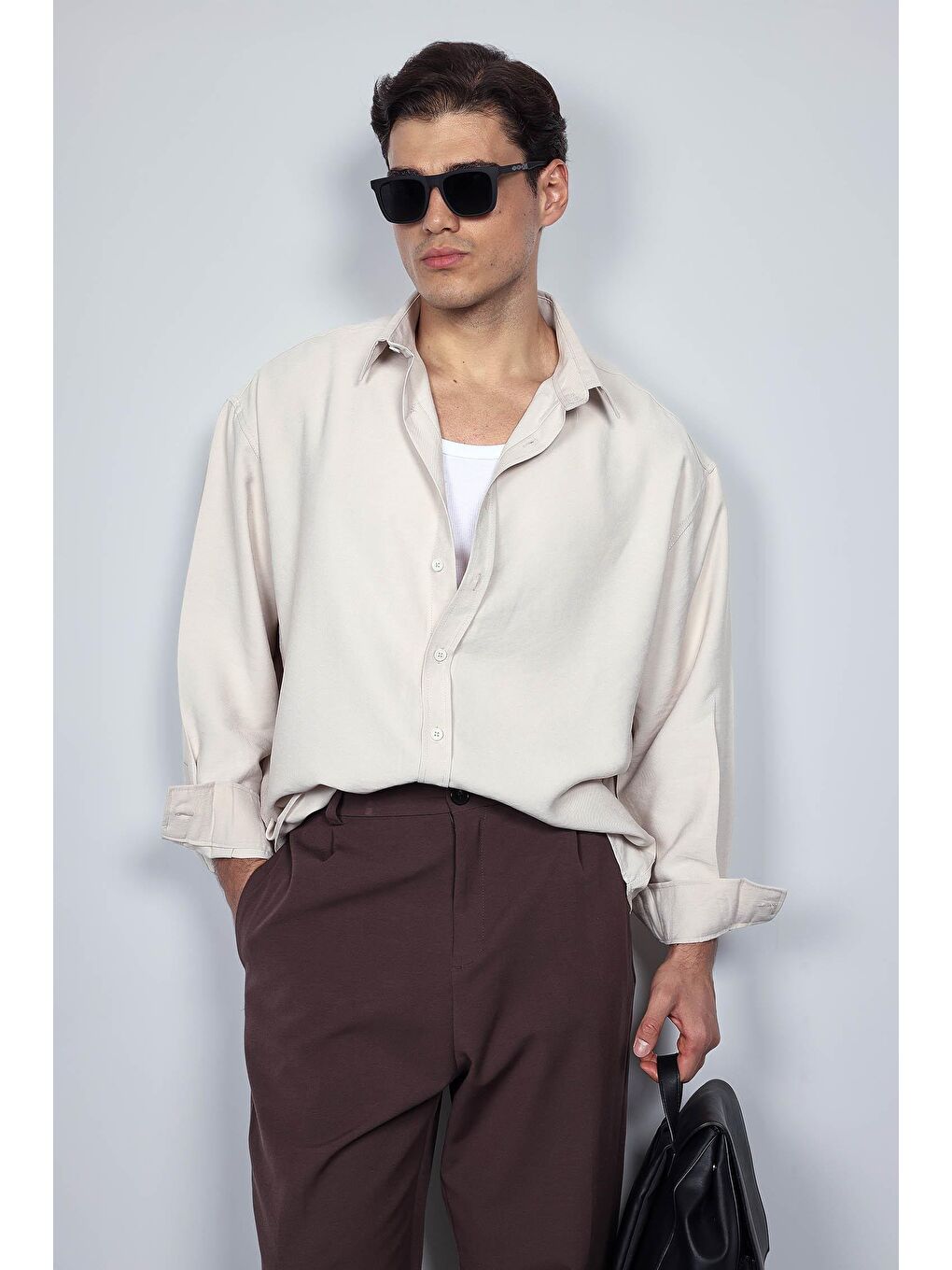 Erkek Oversize Uzun Kollu Basic Gömlek Bej-4