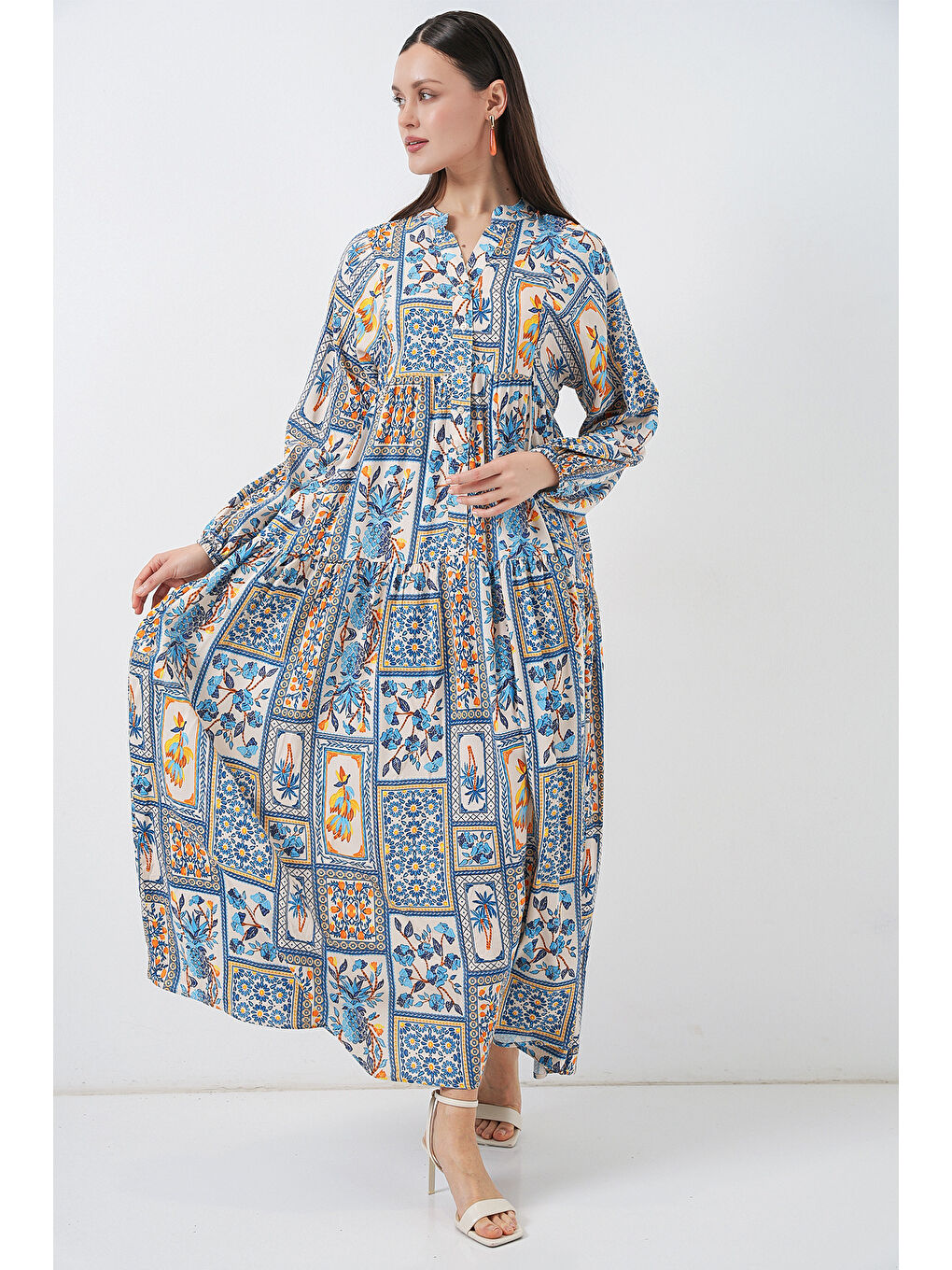 Sarı Kadın Desenli Uzun Tesettür Elbise 2585 - E. Mavi-3