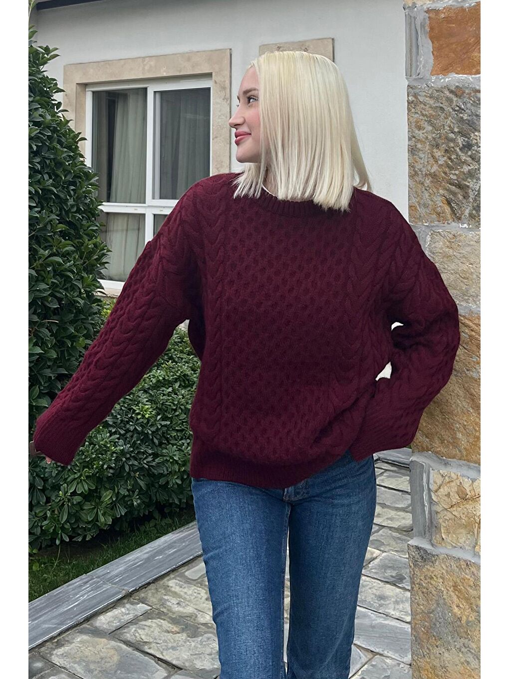 Bordo Bisiklet Yaka Oversize Triko Kazak Mg1969