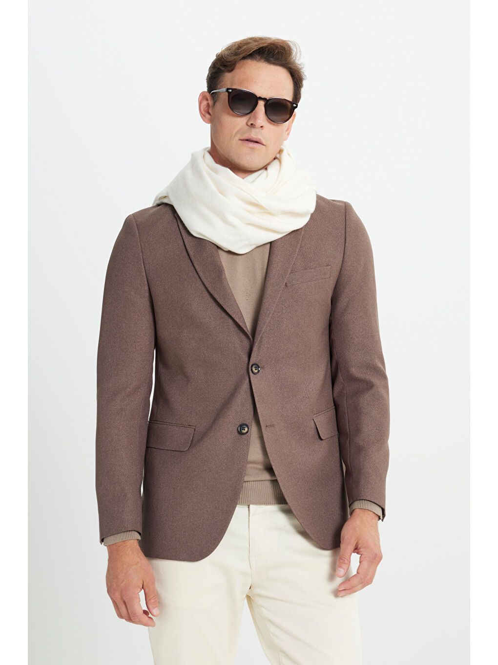 Erkek Kahverengi Slim Fit Dar Kesim Mono Yaka Diagonal Desenli Kapak Cepli Blazer Ceket-4