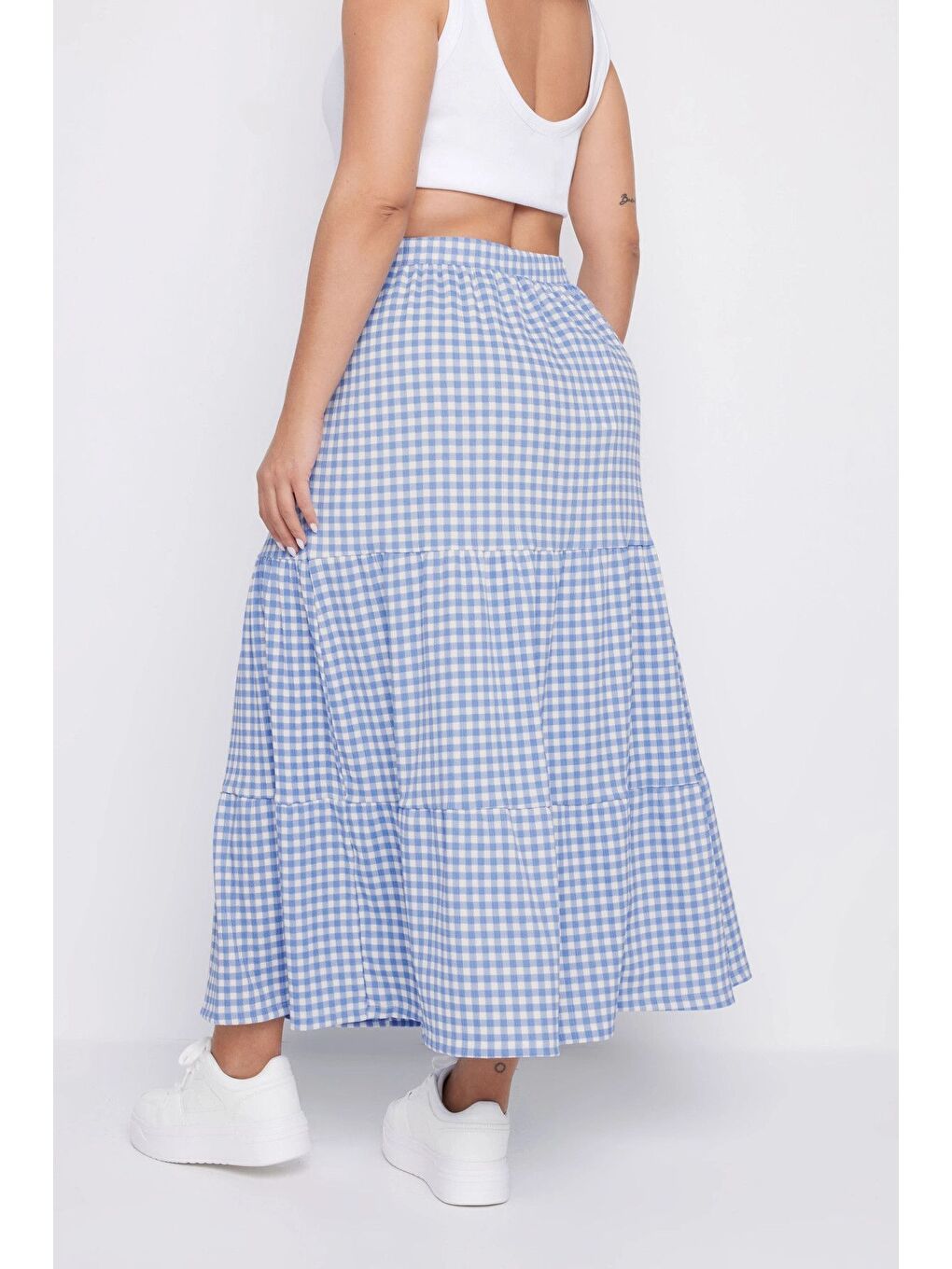 Yeşil Büyük Beden Beli Lastikli Desenli Kat Kat Uzun Etek 160319-4