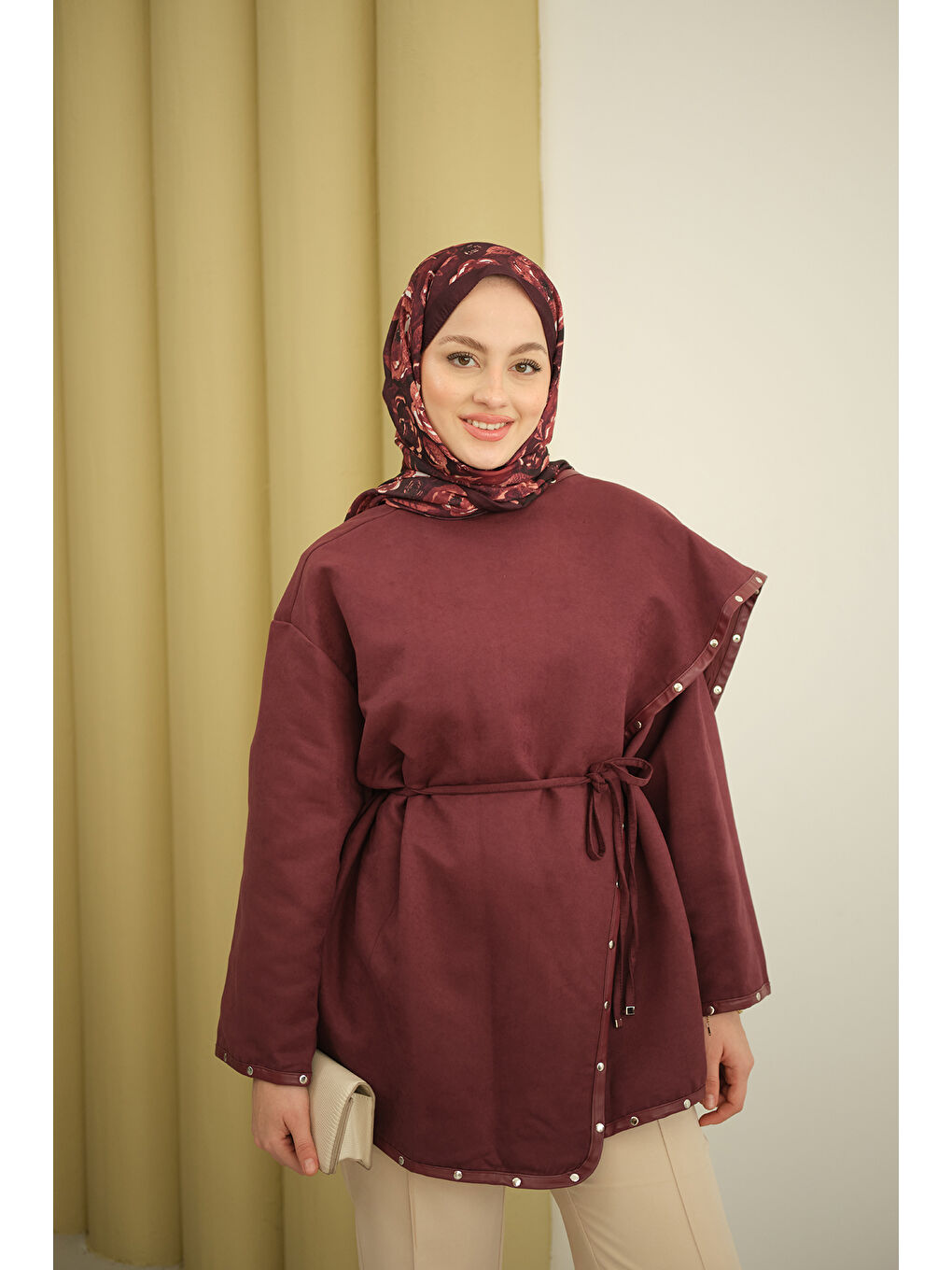 Kadın Dikişleri Deri Detay Ceket Mürdüm-4