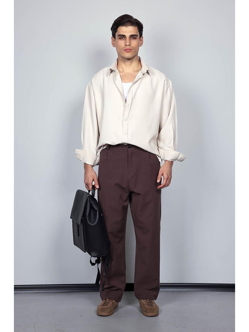 Erkek Oversize Uzun Kollu Basic Gömlek Bej-5