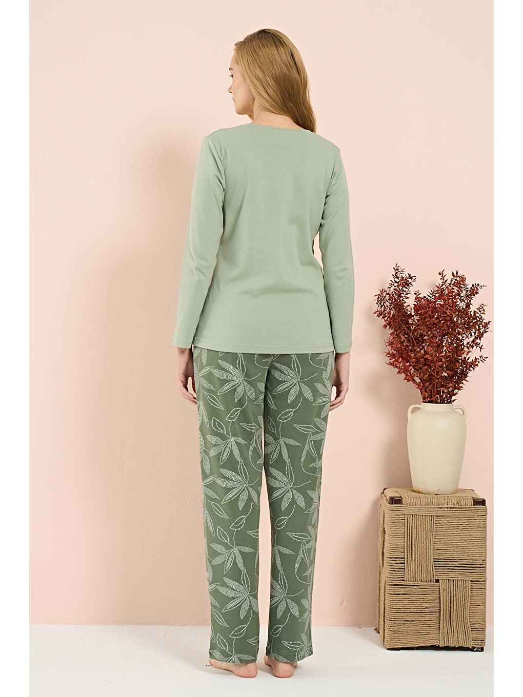 Kadın Penye Uzun Kol Pijama Takımı 3201 Yeşil01-1
