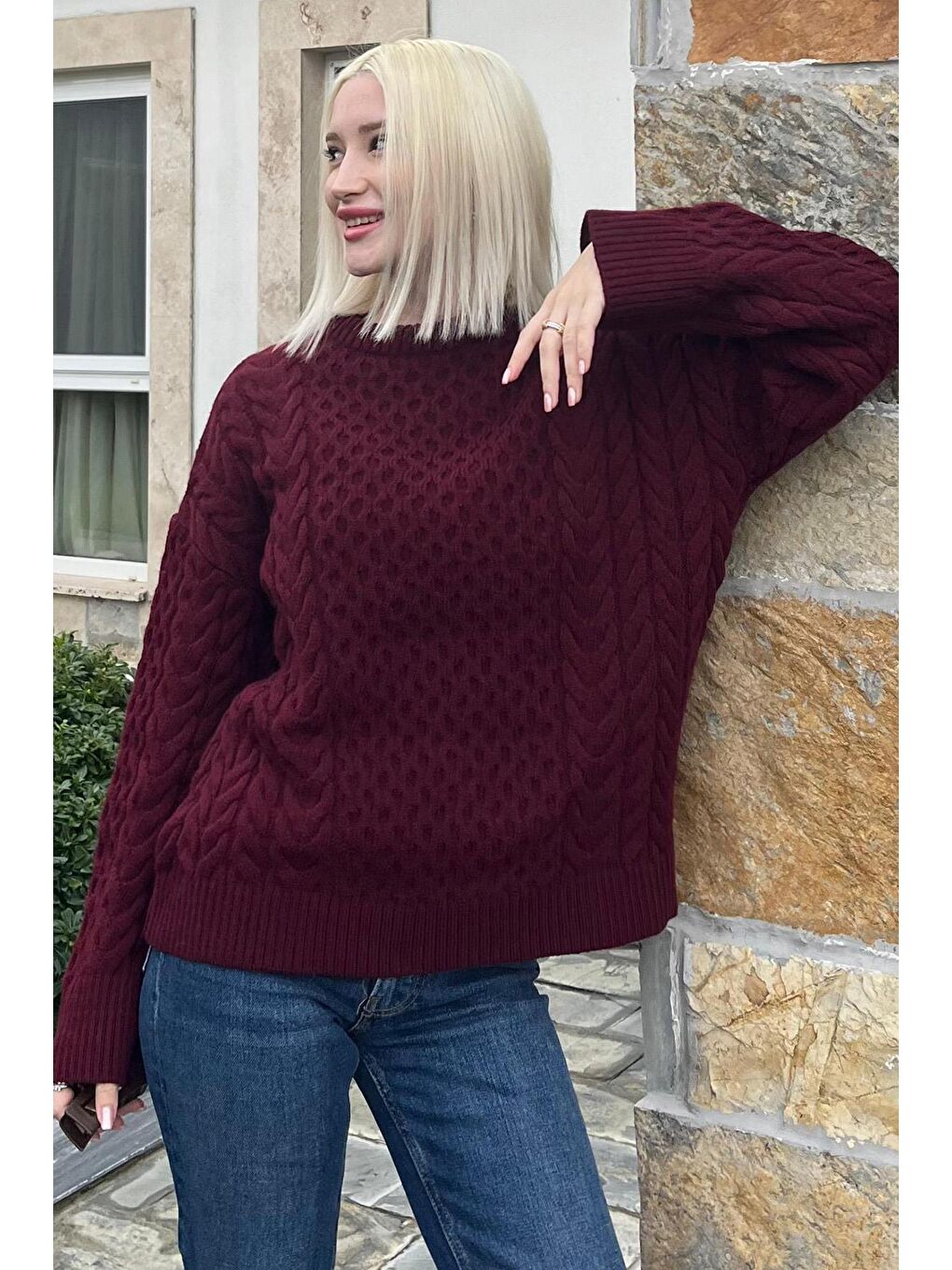 Bordo Bisiklet Yaka Oversize Triko Kazak Mg1969-1