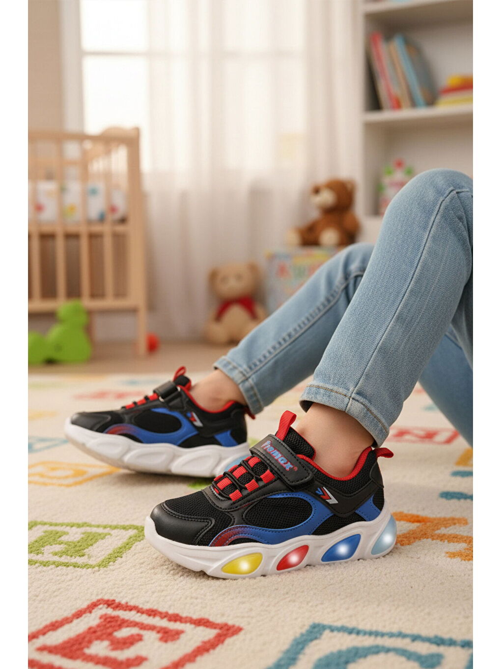 Siyah Cırtlı Işıklı Hafif Erkek Çocuk Spor Ayakkabı 2000 P-3