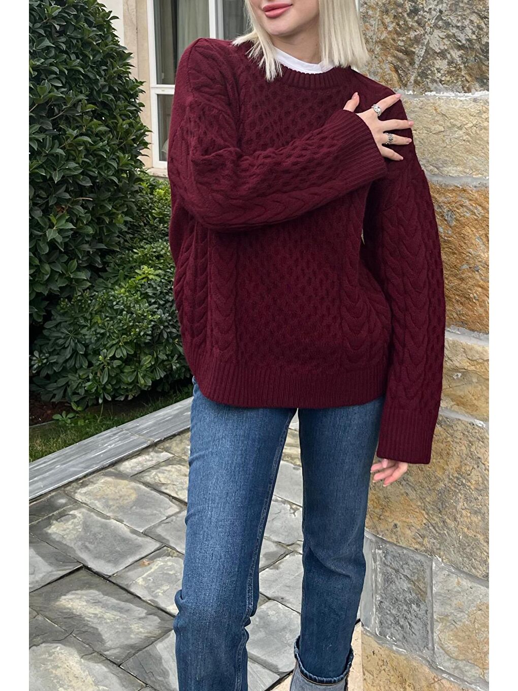 Bordo Bisiklet Yaka Oversize Triko Kazak Mg1969-3