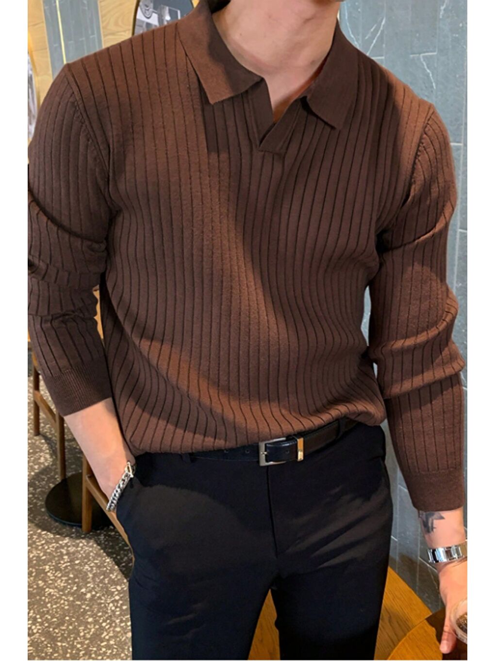 Kahverengi Erkek Polo Yaka Triko Kazak Slim Fit Fitilli