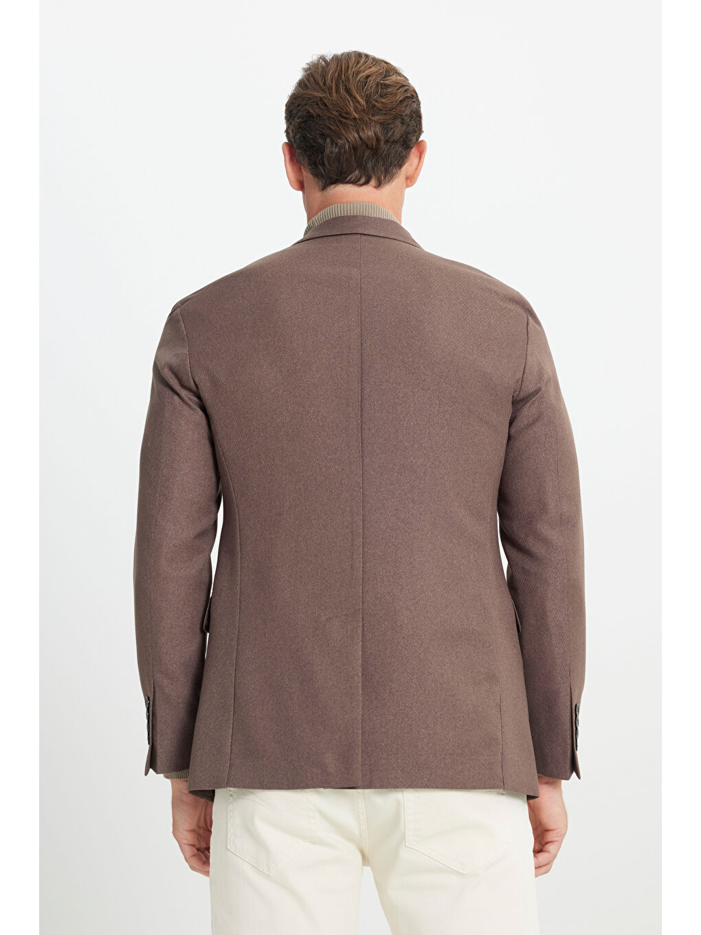 Erkek Kahverengi Slim Fit Dar Kesim Mono Yaka Diagonal Desenli Kapak Cepli Blazer Ceket-5