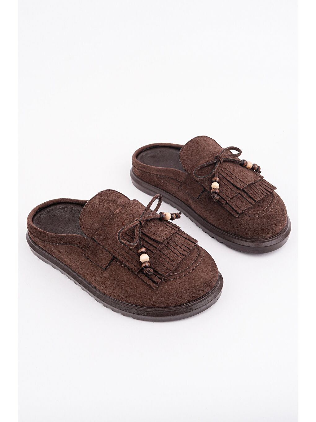 Kahverengi FRİNGE Süet Deri Fiyonk Detaylı Günlük Rahat Önü Kapalı Kadın Püsküllü Loafer Terlik