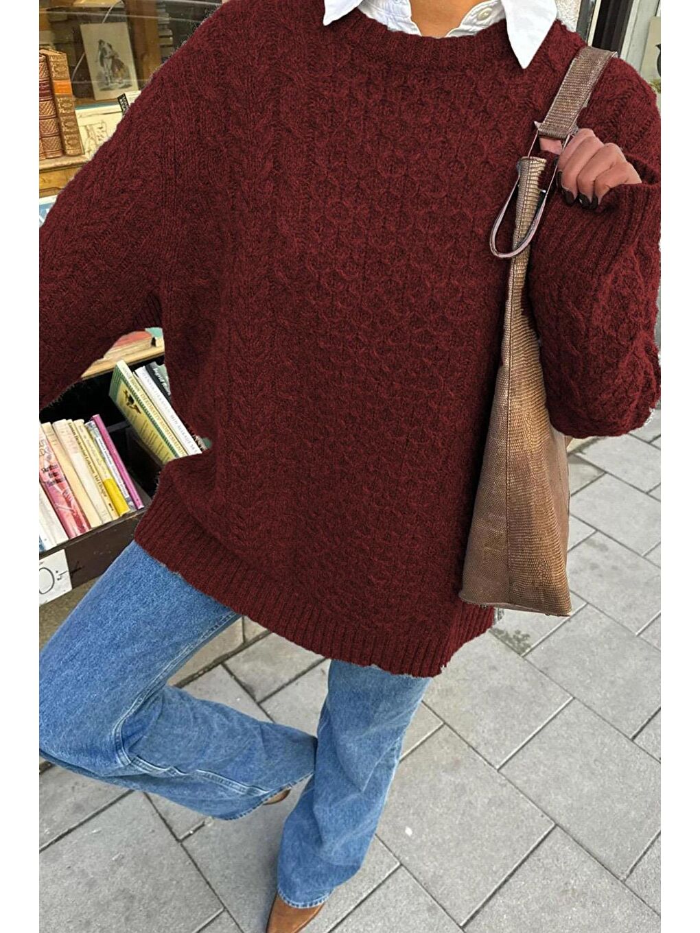 Bordo Bisiklet Yaka Oversize Triko Kazak Mg1969-4