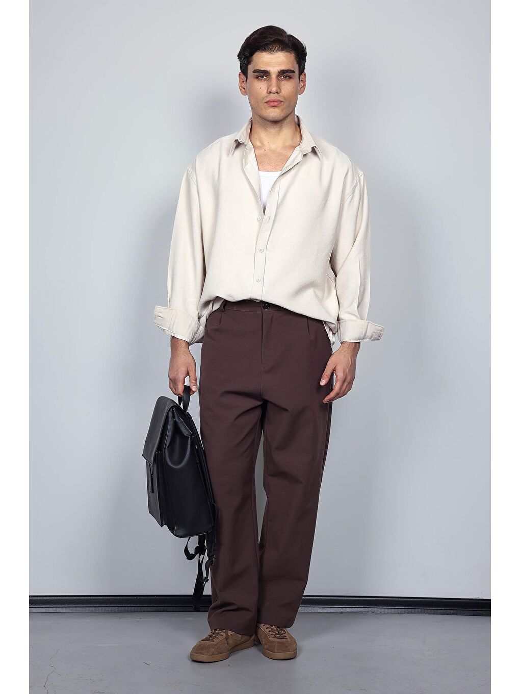 Erkek Oversize Uzun Kollu Basic Gömlek Bej-6