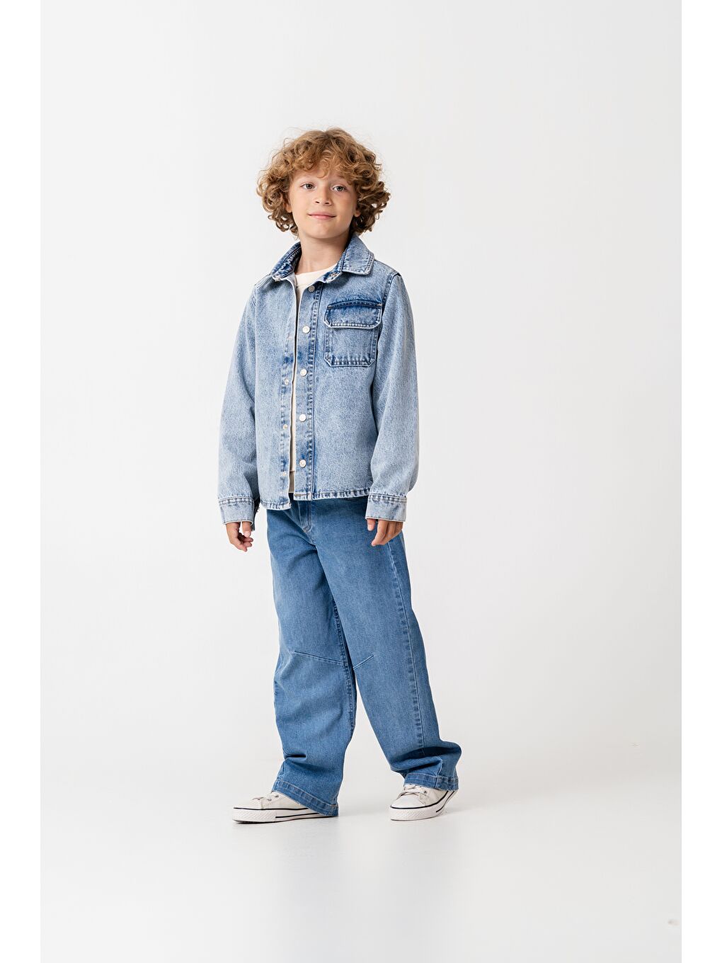 Mavi Erkek Çocuk Pamuklu Denim Gömlek Ceket Ve Geniş Paça Jean Takım-1