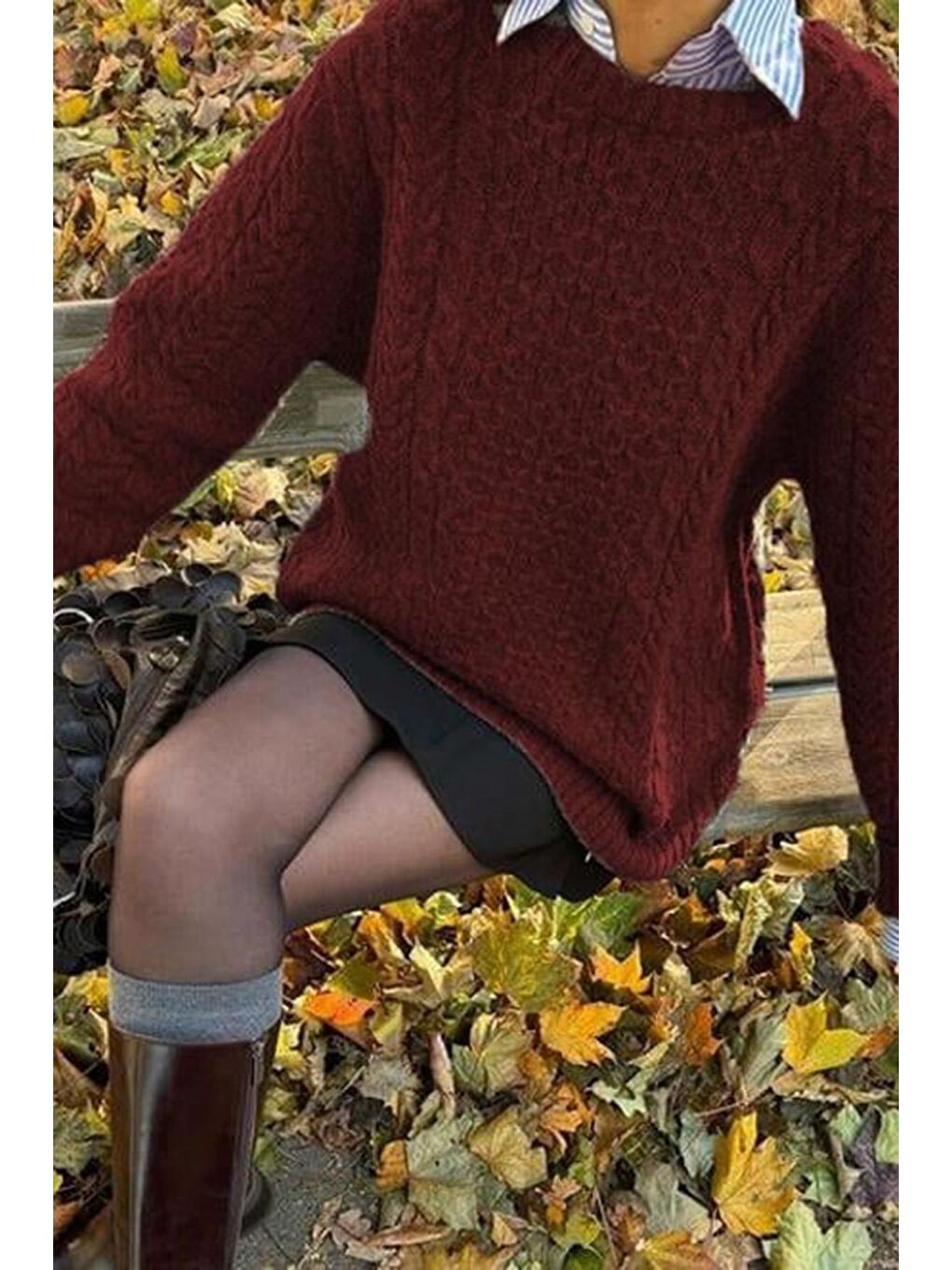 Bordo Bisiklet Yaka Oversize Triko Kazak Mg1969-5