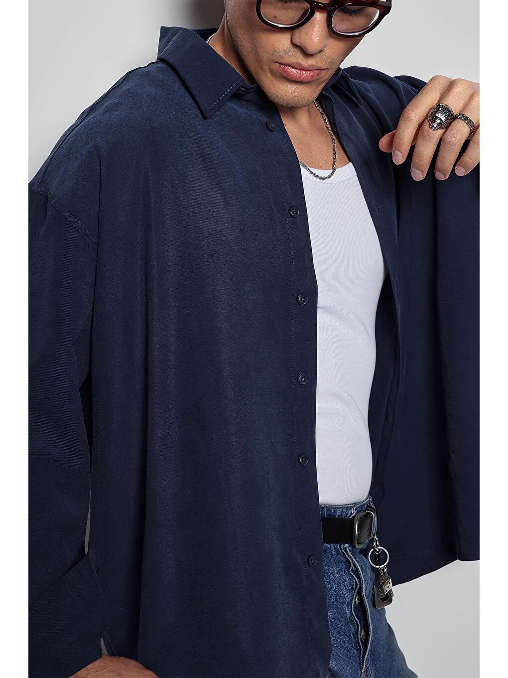 Erkek Oversize Uzun Kollu Basic Gömlek Lacivert-1