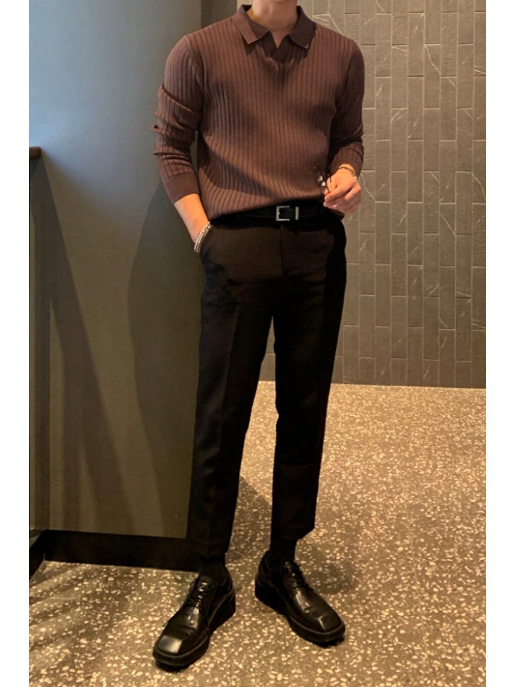 Kahverengi Erkek Polo Yaka Triko Kazak Slim Fit Fitilli-1