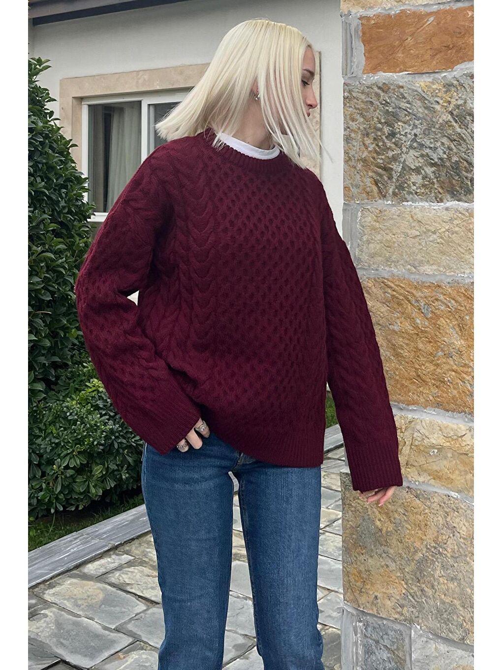 Bordo Bisiklet Yaka Oversize Triko Kazak Mg1969-6