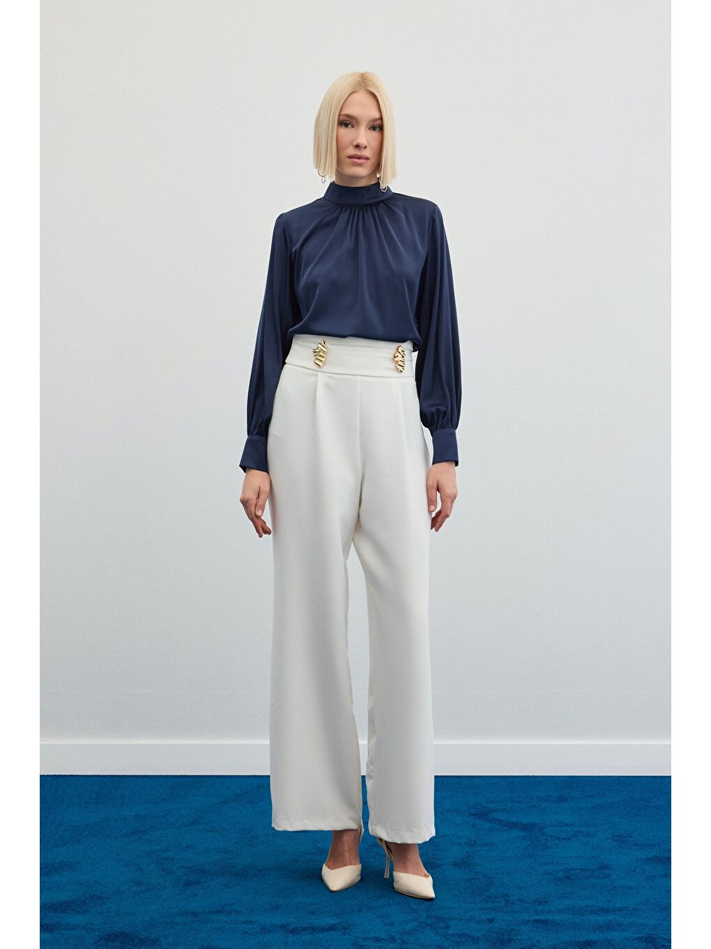 Bel Aksesuarlı Pantolon - Ekru-3