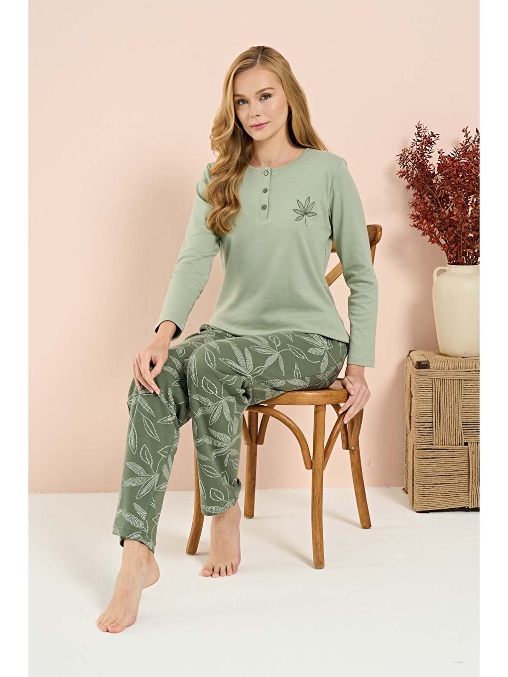 Kadın Penye Uzun Kol Pijama Takımı 3201 Yeşil01-2
