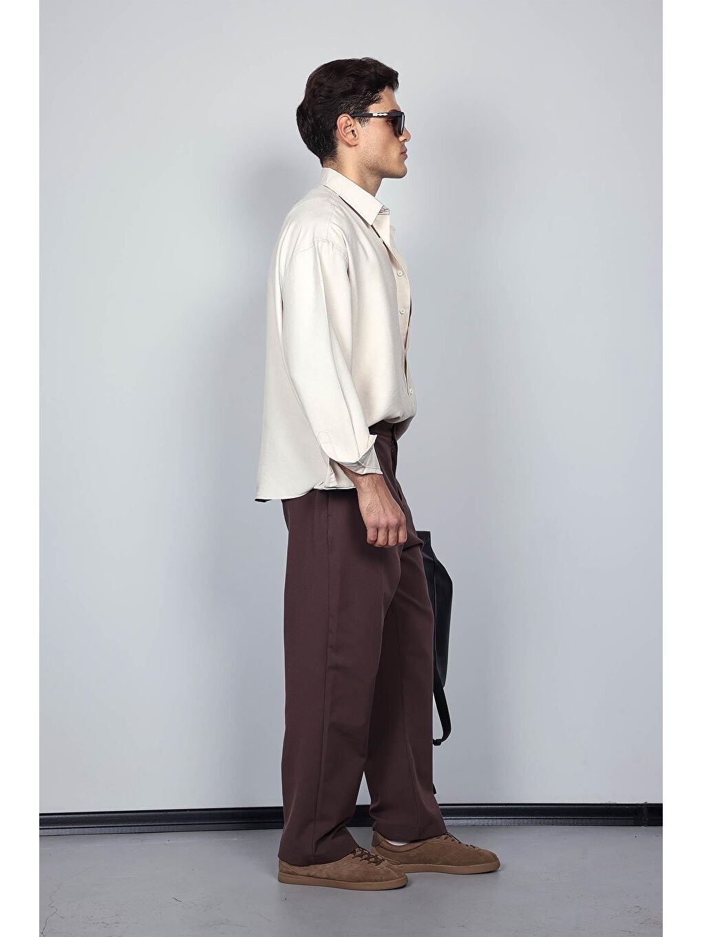 Erkek Oversize Uzun Kollu Basic Gömlek Bej-7